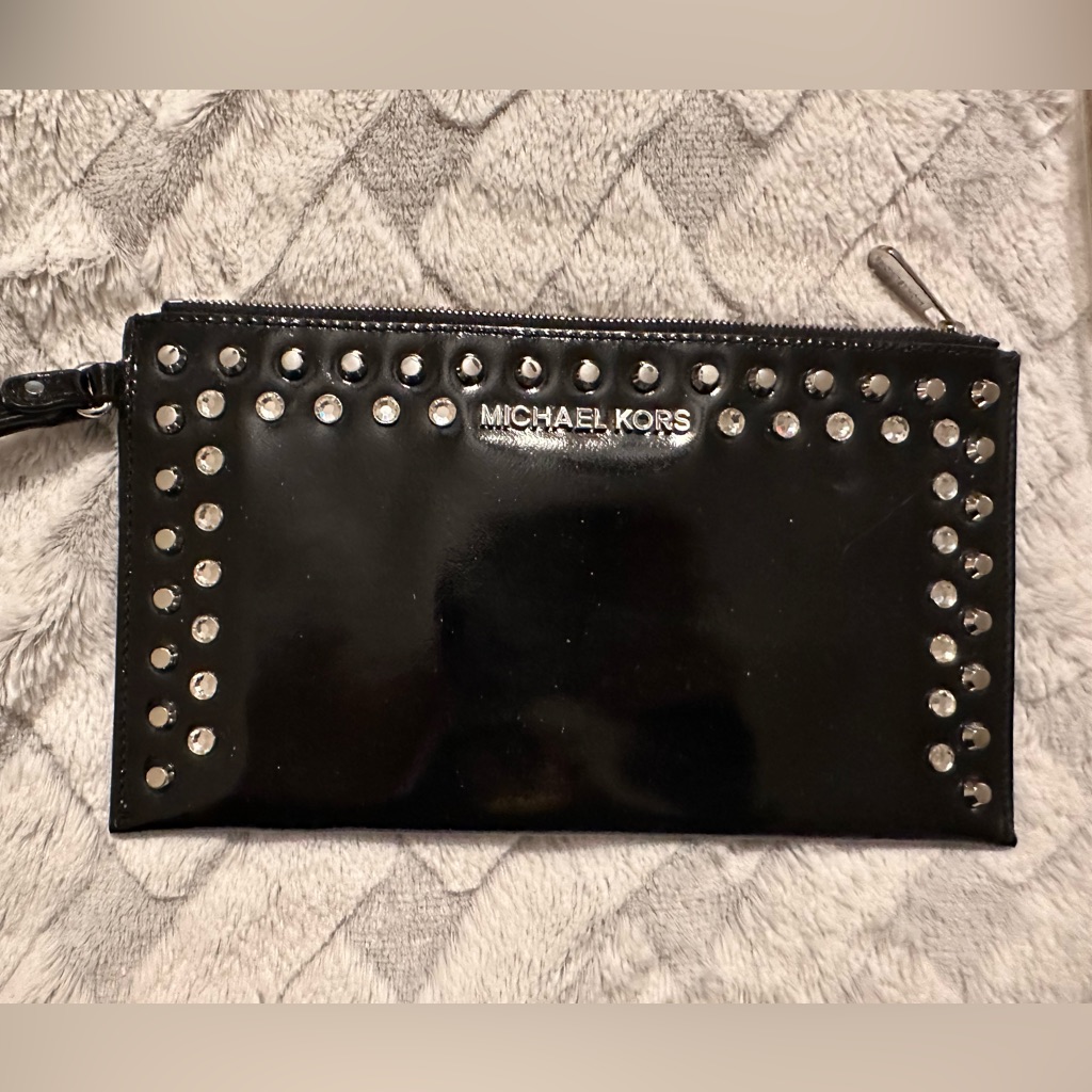 Michael Kors Patent Leather Top Zip Oversized Clutch W/Crystals& Studs $95